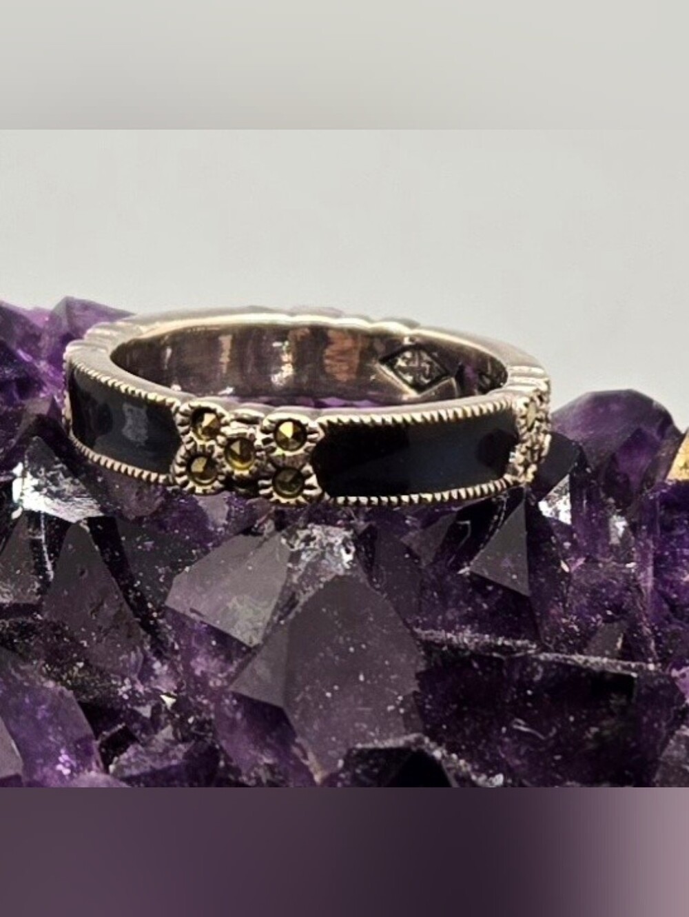 Judith Jack Midnight Blue Enamel Sterling Ring w/ Marcasites Sz 6